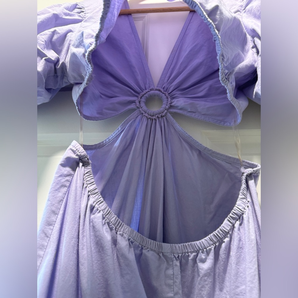 Lavender Tiered Maxi Dress with Front Ring & Puff Sleeve open back 100% cotton - Picture 4 of 13